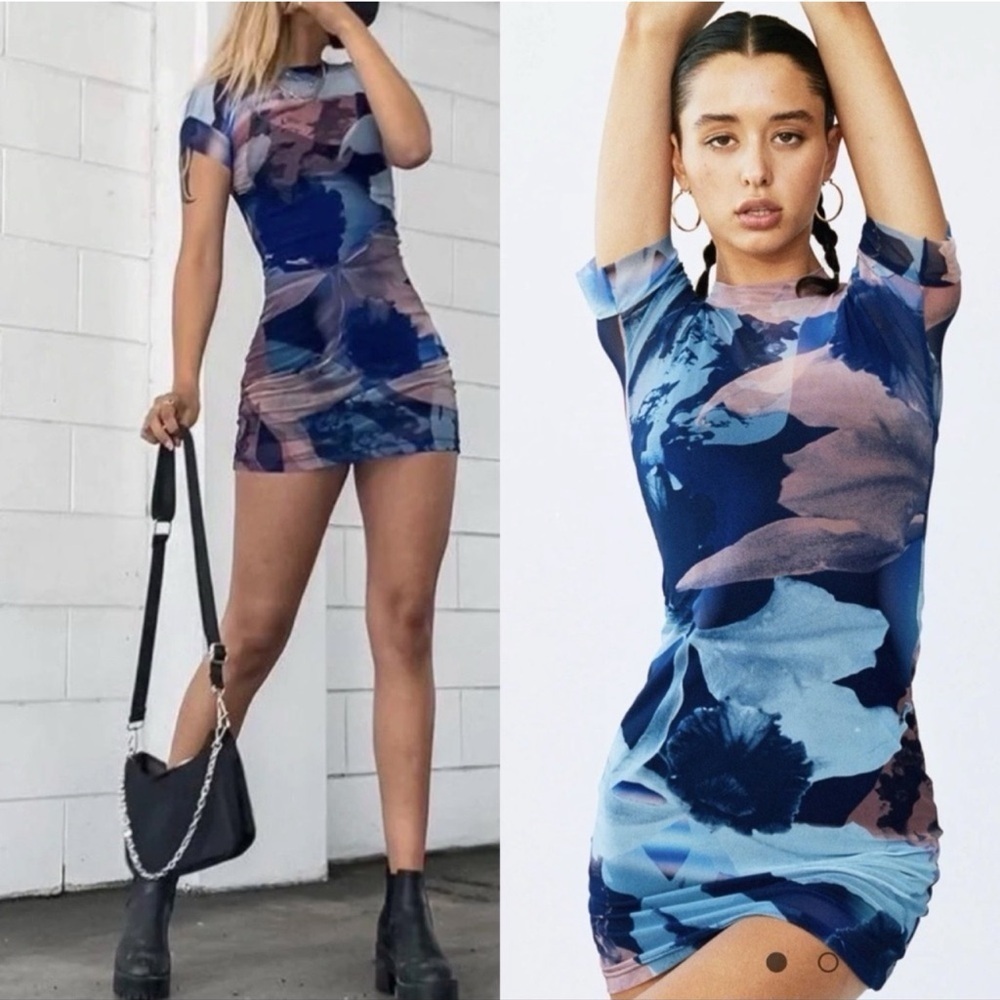 With Jean Mesh Blue and Pink The Sami Mini Dress in Orchid Morphology Sz XS
